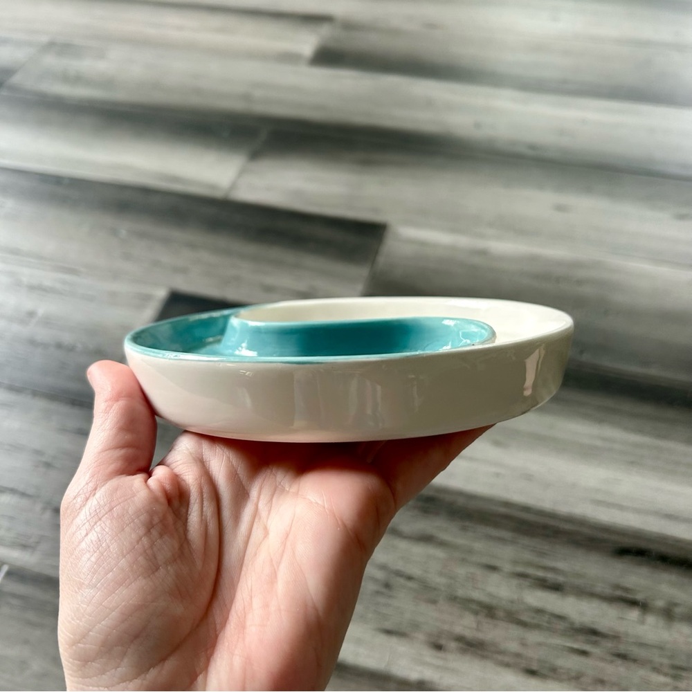 Turquoise & White Enameled Yin Yang Ceramic Decor Tray Ring Bowl Dish - Picture 6 of 7